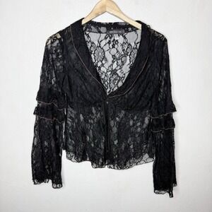 Urban Outfitters Janet Sheer Tie Front Lace Y2K Style Blouse Womens Medium Black